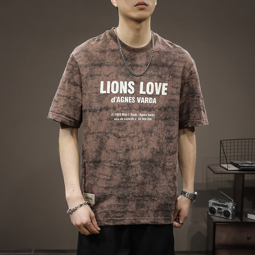 Romon American Trendy kurzärmeligte T-Shirt Herren schwere lose große Basishirt-Hemd Sommer Vielseitig BF Style T-Shirt Trendy Top 9902 Kaffee-T-Shirt XL