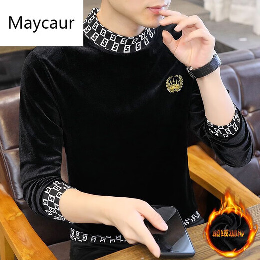 Maycaur香港潮牌秋冬季男士金丝绒半高领长袖t恤韩.版绣花修身打底衫卫衣 DB692黑色  加绒 2XL 建议135-150斤