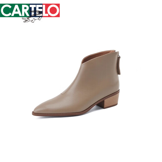 卡帝乐鳄鱼（CARTELO）粗跟尖头羊皮女鞋2025秋冬季新款中跟软皮后拉链及裸靴真皮女短靴 黑色(单里) 36