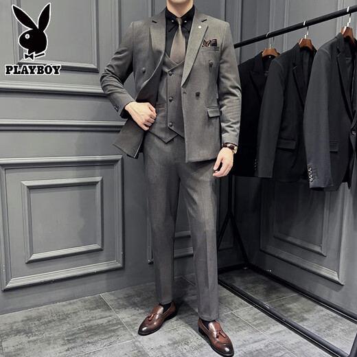 Playboy 2025 new men's three-piece wedding dress casual formal fit British suit black L (suitable for 111-125 Jin Jin equals 0.5 kg)
