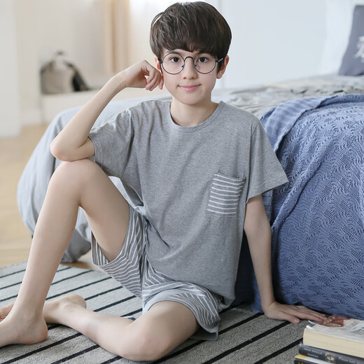 Mannido boys pajamas summer new short-sleeved boys pure cotton children big children's cotton thin youth home clothing set N6621 [double short] 175 larger version L code [115-135Jin[Jin equals 0.5 kg]]