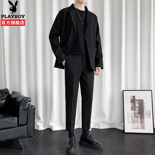 Playboy (PLAYBOY) no-iron suit men's autumn and winter Korean style trendy wedding dress small suit men's casual three-piece suit CGHHTX8TZ black three-piece suit XL