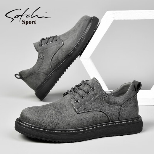 SATCHI men's shoes autumn and winter new business casual shoes fashionable British sneakers men's low-cut lace-up shoes for men gray 40 (250mm) leather shoe size