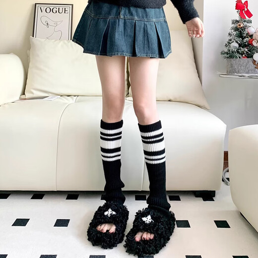 Wanshang autumn and winter retro striped knitted pile socks women's jk leggings pile socks slimming straight knitted socks gray one size