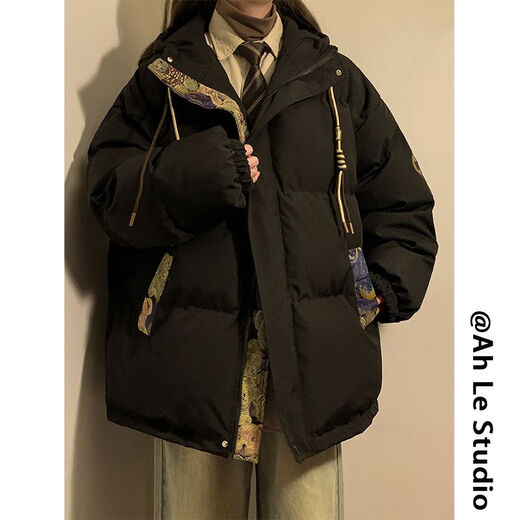 AEMAPE retro winter cotton jacket for men and women bear jacquard splicing hooded jacket trendy brand thick warm boy jacket winter M6636 gray (three-bar cotton jacket) M [Recommended: 90-110Jin [Jin equals about 0.5 kg]]