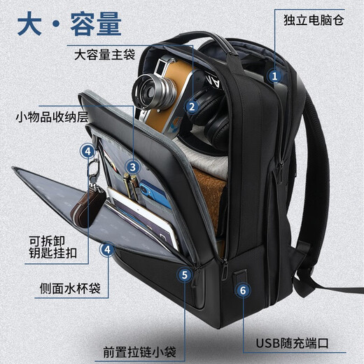LANDESTON瑞士军士刀双肩包大容量商务旅行电脑包初中学生书包出差男士背包 黑色