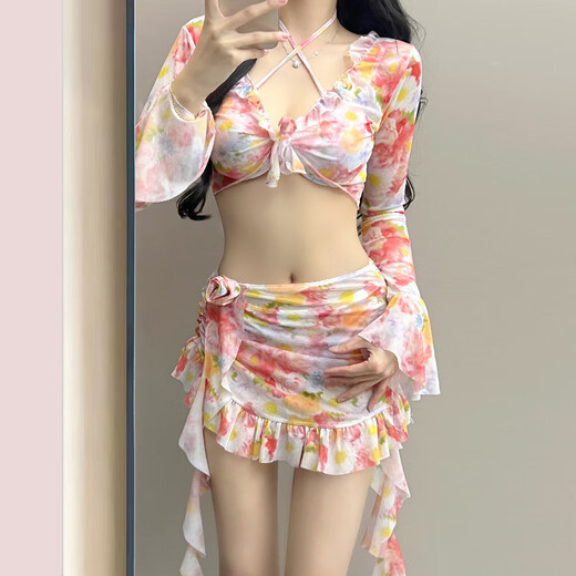 Lugeli bikini swimsuit for women 2024 new style seaside vacation four-piece set conservative high-end split swimsuit hot spring floral bikini XL recommended 110-135Jin Jin equals 0.5 kg