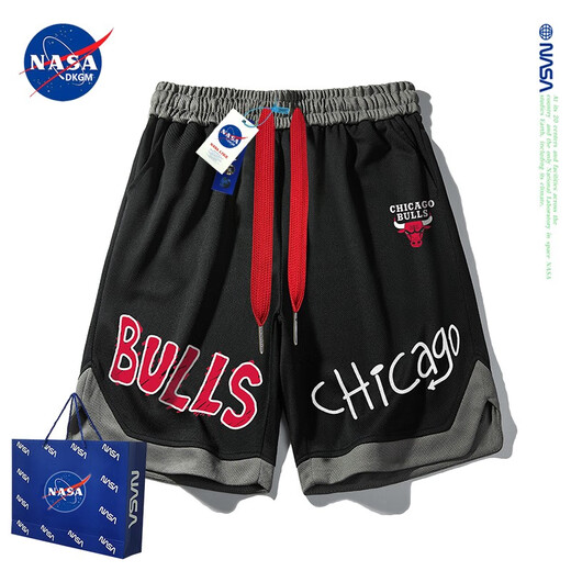 NASADKGM trendy brand shorts men's summer thin American Bulls casual sports five-point pants loose mid-pants basketball training pants black-NASA joint XL (recommended 135-150Jin Jin equals 0.5 kg)