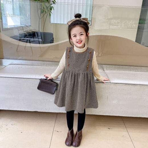 G.duck2025 New Children's Clothing Autumn and Winter Girls' Velvet Plaid Suspender Skirt Female Baby Western-style Tank Top Skirt Children's Skirt Skirt + Sweater Suit 120 cm Recommended height is about 110 cm