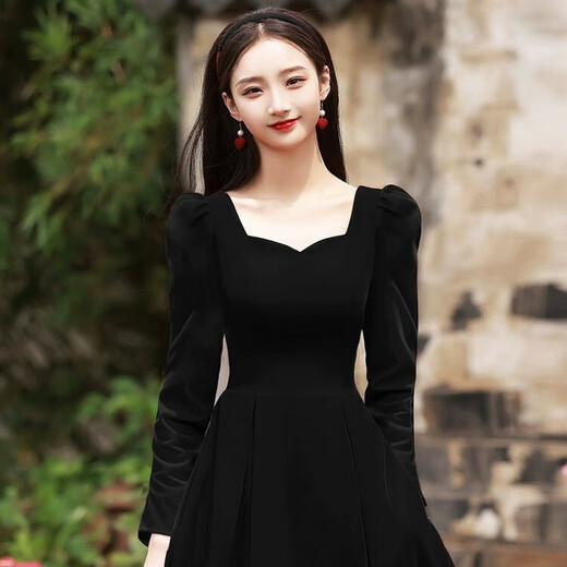 Li Baixin black evening dress annual meeting velvet light luxury niche high-end sense vocal music art test birthday banquet dress host black velvet long long sleeves M