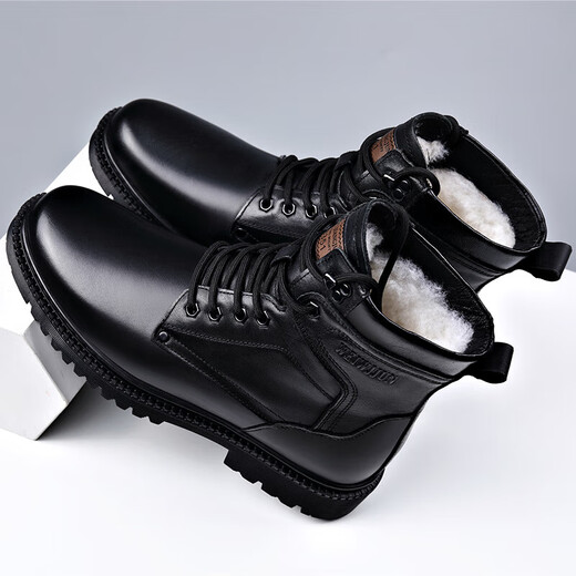 BRIONI马丁靴男士真皮羊毛保暖棉靴高帮头层牛皮工装户外加厚雪地 3518黑色(羊毛款) 38