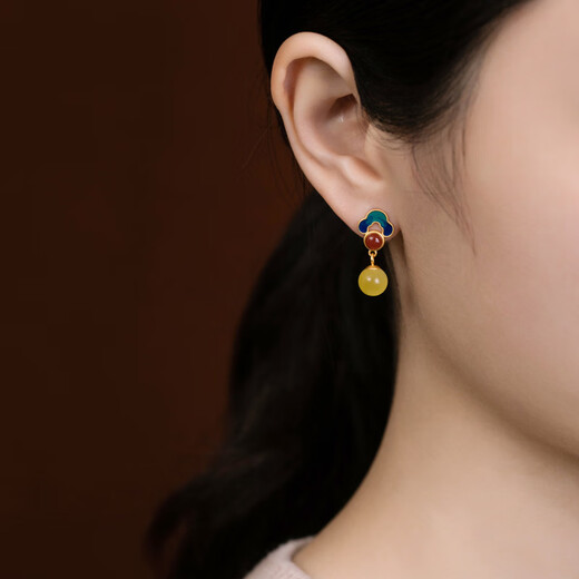 DRJEFUNs925 gold-plated ancient gold beeswax amber new palace retro style earrings women's earrings earrings topaz earrings s925 pair 0 carat