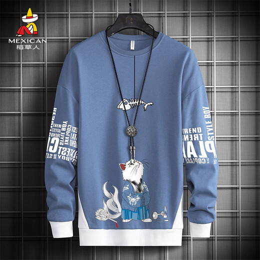 Scarecrow (MEXICAN) sweatshirt men's spring and autumn trendy loose long-sleeved T-shirt teenagers round neck tops haze blue L