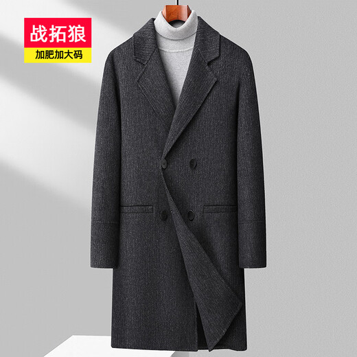
Zhantuolang autumn and winter new men's large-size wool jacket fat mid-length double-breasted double-sided wool men's suit collar coat black strip 5XL
