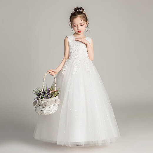 
Dev Ake children's dress girl princess skirt host high-end piano performance evening dress little girl wedding summer big boy BX683 long sleeveless white 130 (recommended 41-50 Jin [Jin equals 0.5 kg])