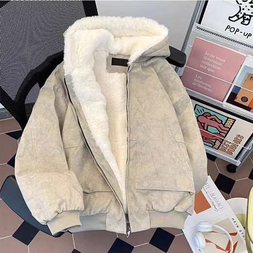 Yiran presents winter velvet thickened hooded cotton coat for men, old American high street retro youth sports warm trendy brand cotton coat, gray apricot M recommended 105-120 Jin Jin equals 0.5 kg