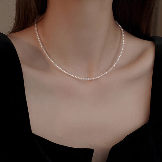 QMXD2mm Xishijia 3mm Millet Beads Pearl Necklace Women's Clavicle Chain Necklace Artificial Pearl Birthday Gift Valentine's Day 4MM Necklace (90% of people choose)