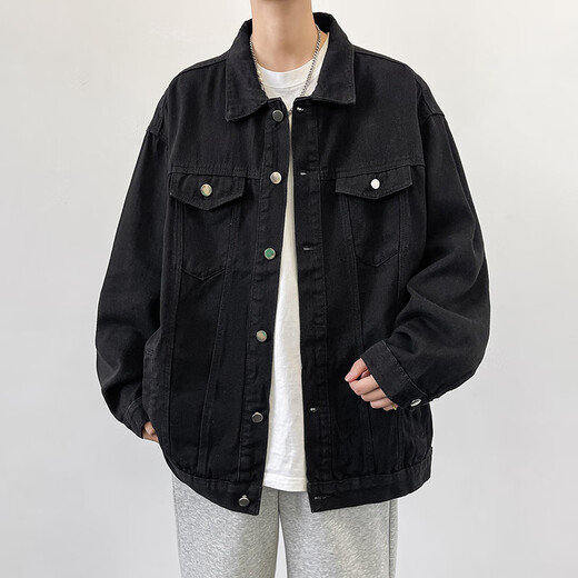 Dingfengbaoluo casual workwear denim jacket men's autumn and winter casual loose retro lapel versatile jacket HL38 black XL