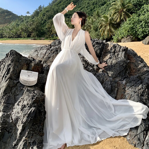 姿三彩晨袍女新娘订婚敬酒礼服性感挂脖海边拍照轻婚纱连衣裙 红色 L