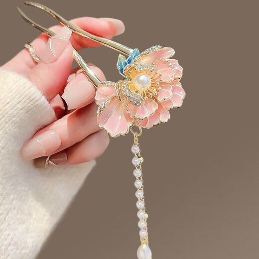 OLOEY national style high-end peony flower hairpin for women new style step rocking tassel hairpin U-shaped hairpin new Chinese style hairpin Linlang peony hairpin-U-shaped