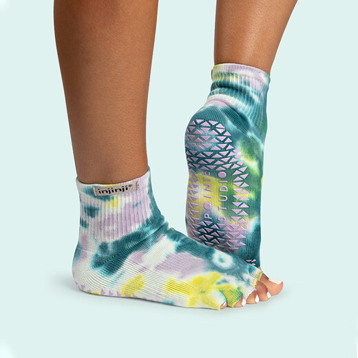 Injinji yoga socks professional Pilates open-toe color-blocking non-slip dance indoor trampoline split toe socks for beginners Lake Blue Vortex-Mid tube S/M(35-38)