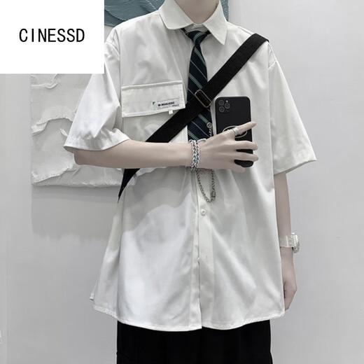 CINESSD【套装】学院风DK制服白衬衫男短袖痞帅宽松休闲日系衬衣班服一套 【三件装】白色衬衫+领带+西裤 M