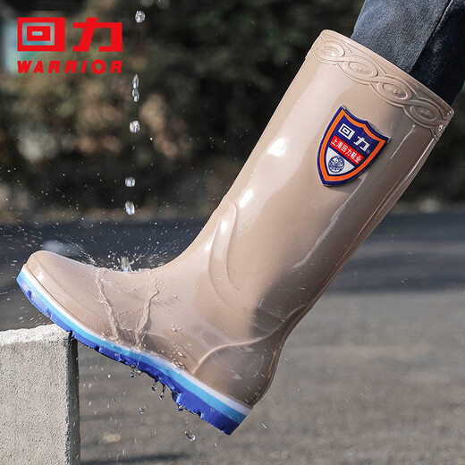 回力雨鞋女高筒厚底防水鞋时尚四季户外保暖雨靴长筒胶鞋耐磨加绒鞋靴 卡其色 38