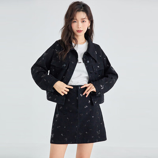 Fantu Fantu sense sequined denim short skirt suit 2024 new spring women's suit fashionable casual two-piece set black S