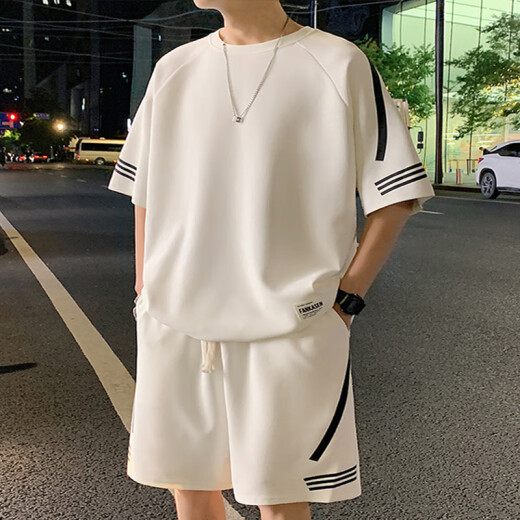Foss Phil冰丝短袖t恤短裤套装男夏季高街潮流宽松直筒阔腿休闲运动两件套 FKS-FKS653白色 XL(建议130-150斤)