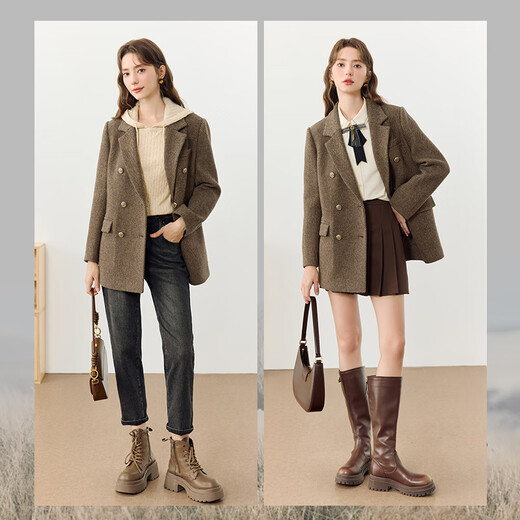 KBNE all wool old money style suit jacket for women in autumn and winter new style lazy high-end casual suit for women brown M