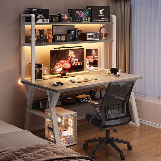 BENMUZIZAI desk bookshelf integrated e-sports table home bedroom desktop computer table middle school student rental house study table 120x60cm double layer brushed black oak + black shelf 1x1x1cm