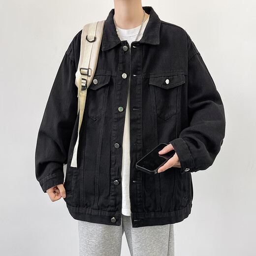 Dingfengbaoluo casual workwear denim jacket men's autumn and winter casual loose retro lapel versatile jacket HL38 black XL