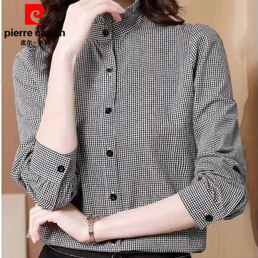 Pierre Cardin black and white plaid shirt women's long-sleeved stand-up collar fungus lace cardigan top Korean style spring and autumn loose bottoming versatile black and white plaid S 75-95Jin Jin equals 0.5 kg
