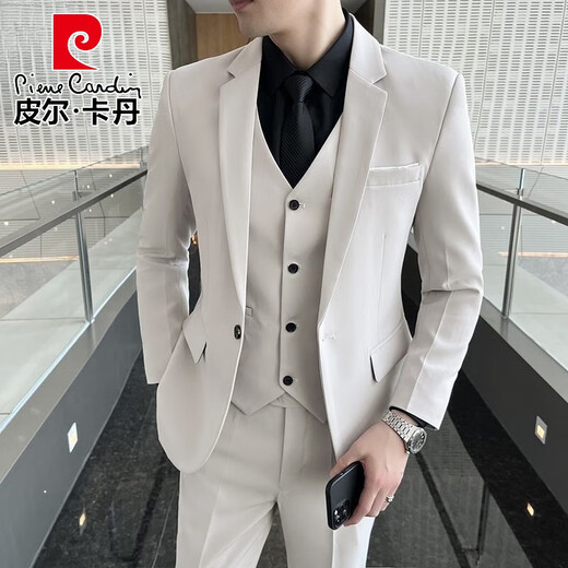 Pierre Cardin suit men's business Korean style casual formal suit three-piece groom's wedding dress men's light gray suit + pants + vest tie 2XL recommended 135-145 Jin Jin equals 0.5 kg