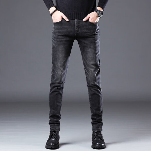 
Romon high-end jeans men's slim feet spring and autumn new Korean style stretch spring style men's casual long pants men's pants 1048 black regular size 32