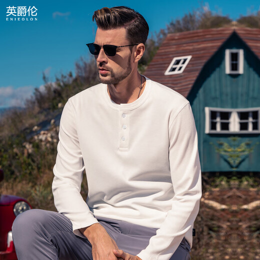 Enjeolon textured henley collar modal cotton stretch bottoming shirt with long-sleeved T-shirt men's bottoming shirt black 185/108A(XXL)