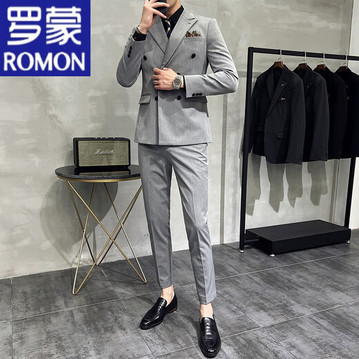 ROMON anti-wrinkle and iron-free casual double-breasted suit for groom, men's slim-fit double-slit small suit, lapel collar formal suit, double-breasted black one-piece suit S