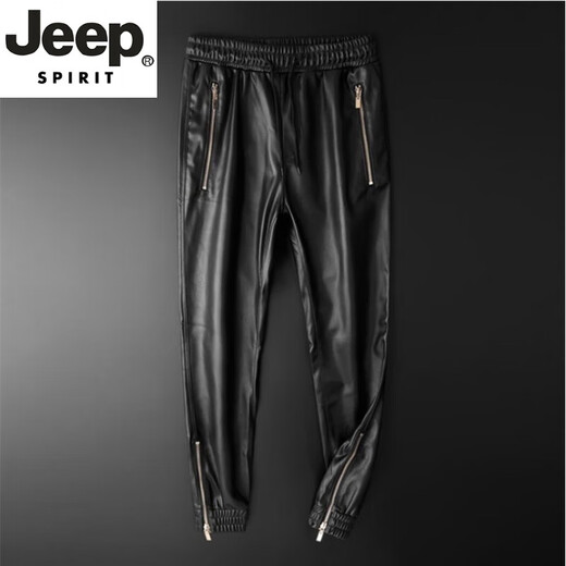 JEEP SPIRIT pilot winter casual leather pants men's velvet thickened motorcycle jogging slim leg pants harem pants loose black size 33 waist 2.6 feet 135-145 Jin [Jin equals 0.5 kg]
