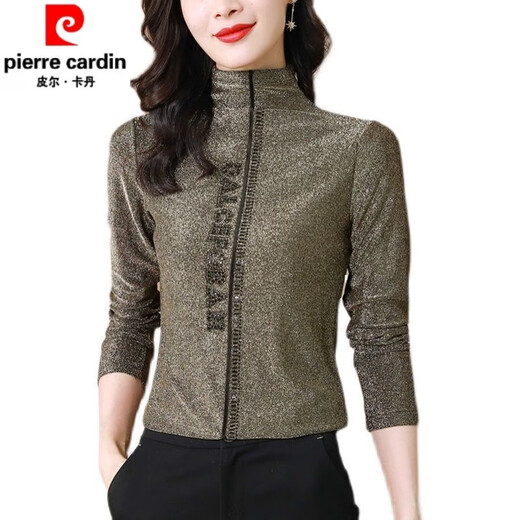 Pierre Cardin Spring and Automne High Neck Bright Silk Letter Base Mesh Base pour femmes Manches longues minces polyvalentes en dentelle mince en dentelle à la mode.