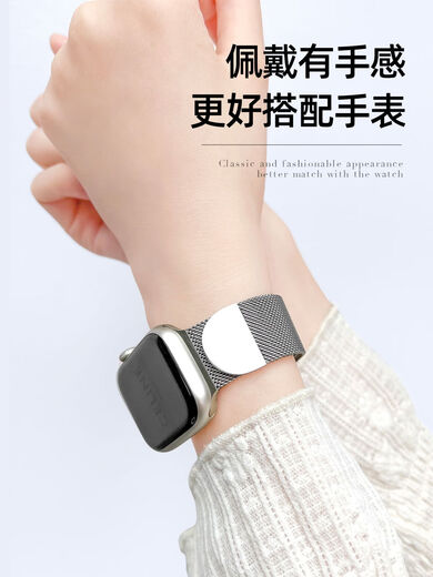 E-TREND适用appleWatchs9表带金属经典透气米兰尼斯iWatch表带8 /7/6/SE苹果手表表带高级磁吸秋冬男女生 B款米兰磁吸黑 适用：iwatch12342mm