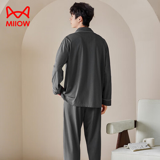 Catman men's pajamas men's 100% cotton gray lapel cardigan long-sleeved pajamas men's casual wearable home clothes set