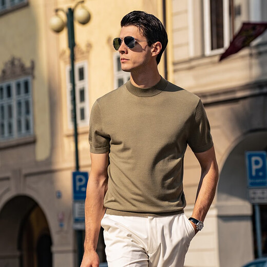 Mr. Bu star same model as machine-washable wool short-sleeved sweater for men's knitted base shirt [small turtleneck] Piano Black 2XL (185)