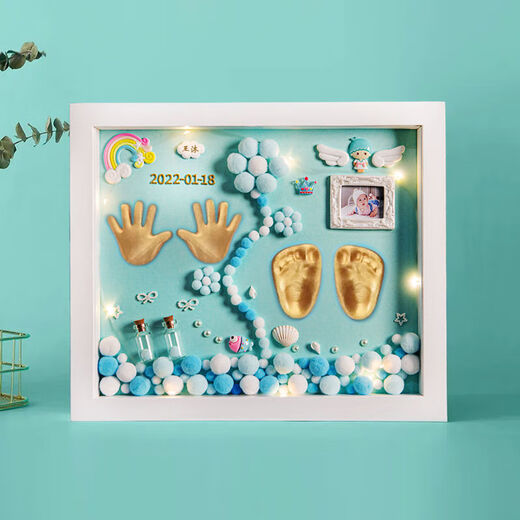 满月纪念手足印泥相框胎毛脐带新生儿宝宝百天手脚印婴儿周岁礼物 豪华款12寸【花开富贵】粉款金漆
