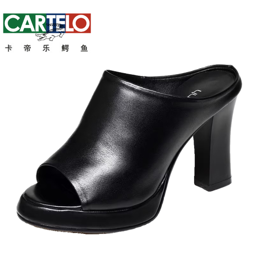 卡帝乐鳄鱼（CARTELO）粗跟高跟凉鞋女2025夏季新款仿真皮鱼嘴拖鞋外穿防水台一字拖 黑色888 37