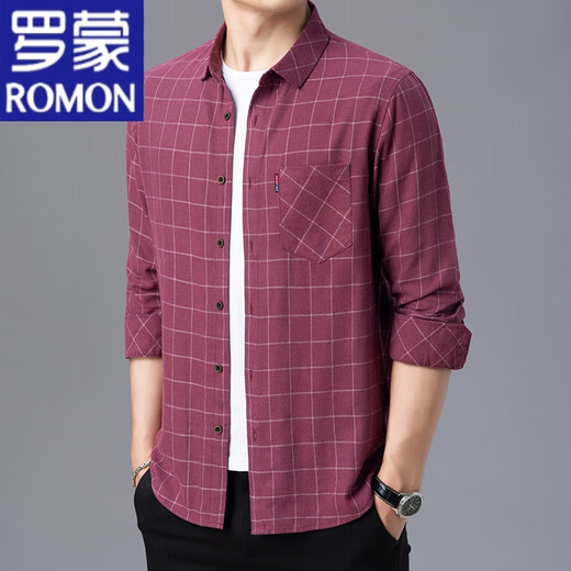 罗蒙（ROMON）纯棉长袖衬衫男春夏季薄款中老年男装格子宽松大码全棉衬衣男 长袖薄款6623绿色 185/3XL建议160-175斤