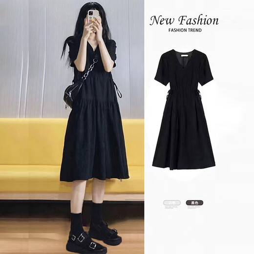 Jingqi maternity dress Hepburn style small black skirt French temperament Korean version summer maternity dress summer maternity dress black-short-sleeved summer Jly65868 XL
