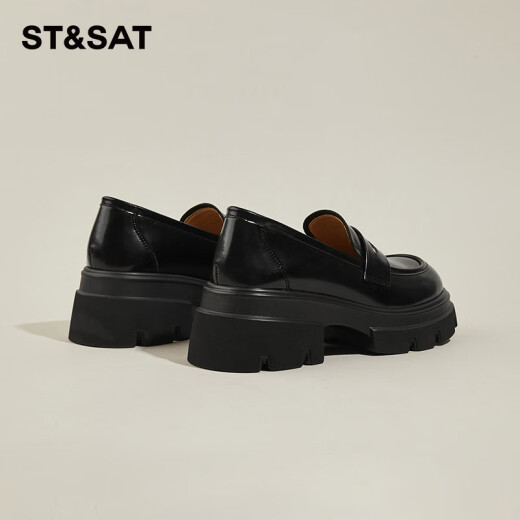 Saturday (St/Sat) Thick-Soled Loafers Women's Spring Small Leather Shoes Women's Versatile Shoes Heightening Shoes Women's Black British Style Commuting Shoes Black [Heel Height 5CM] 37