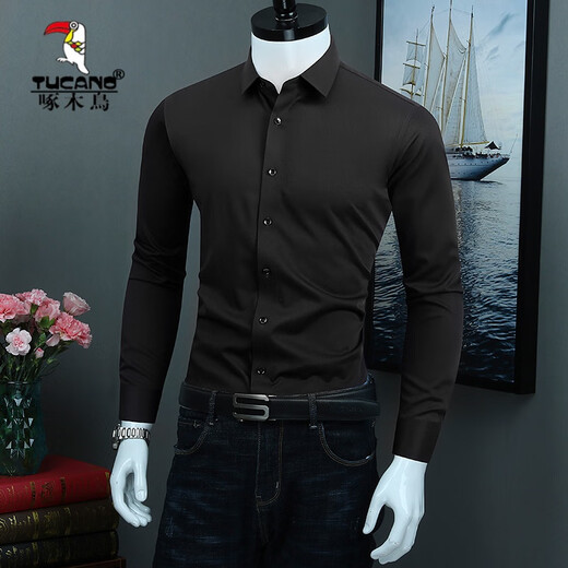 啄木鸟（TUCANO）男士长袖衬衫2025新款秋季纯色感免烫休闲商务正装白衬衣 黑色 PL6167 XL 41