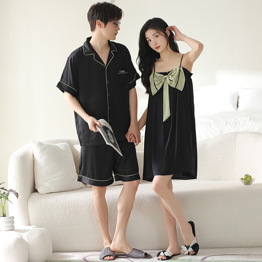 Delia ice silk couple pajamas men summer short-sleeved suit thin cool sling nightgown women casual home clothes L6215 M women + XL men