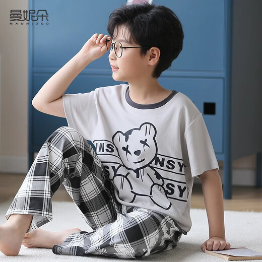 Mannido Kinderpyjamas Jungen kurzärmelige Hose große Kinder Heimkleidung Sommer Teenager Baumwolljunge rein
